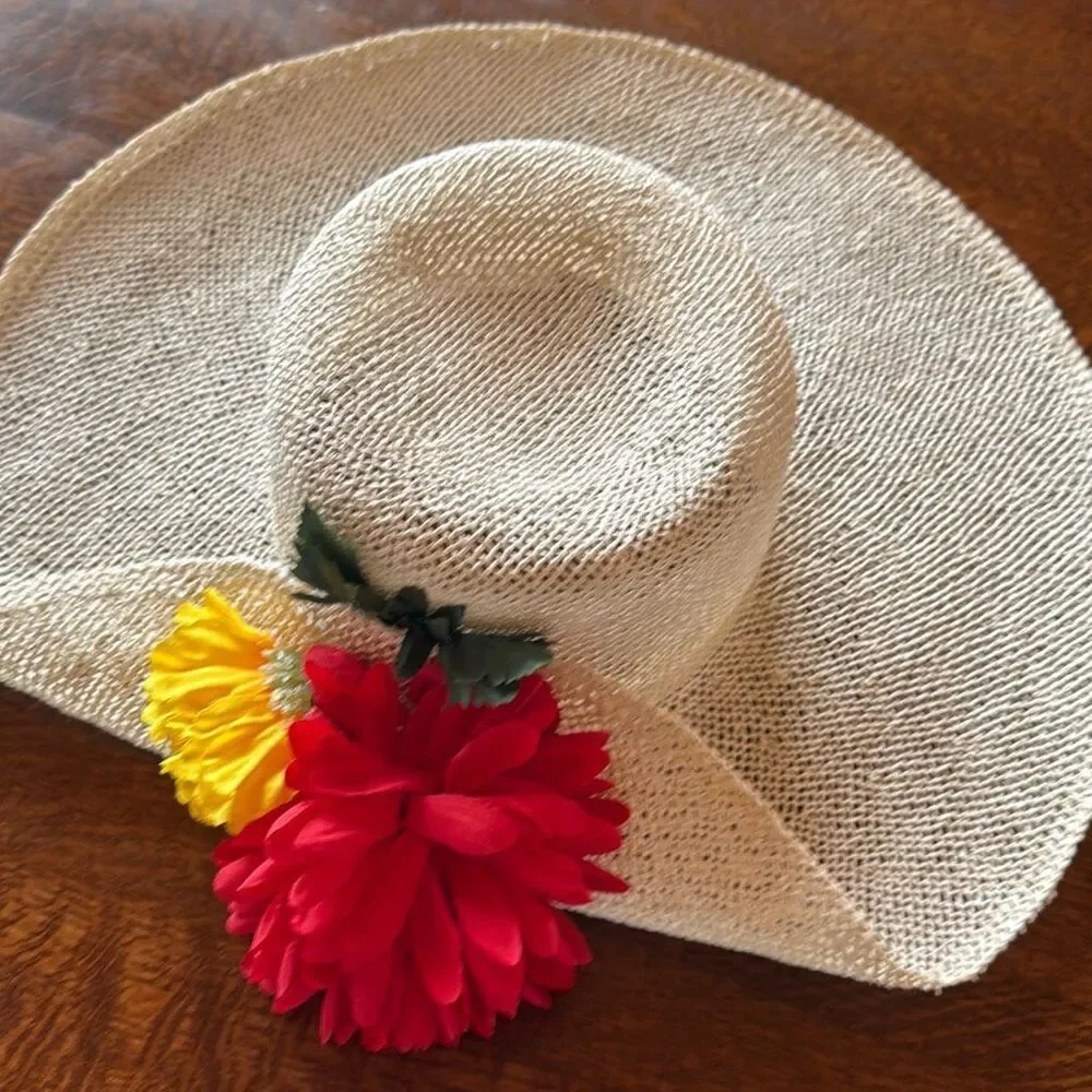 Vintage DKNY Light‎ Cream Straw Wide Brim Derby Hat Medium - Picture 2 of 11